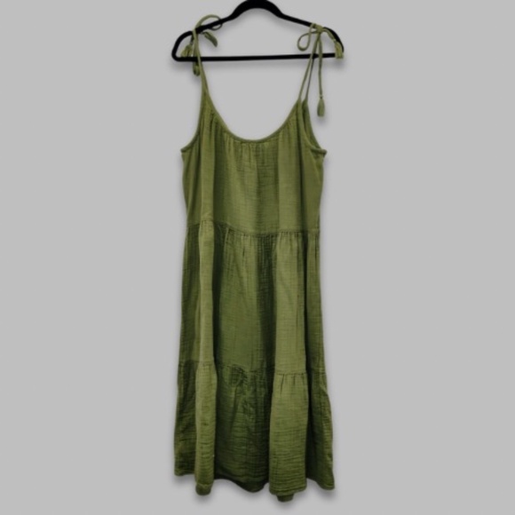Time and Tru Sundress Tiered Tie Sleeves Midi Dress Cotton Olive Green W US XXL - Picture 1 of 5